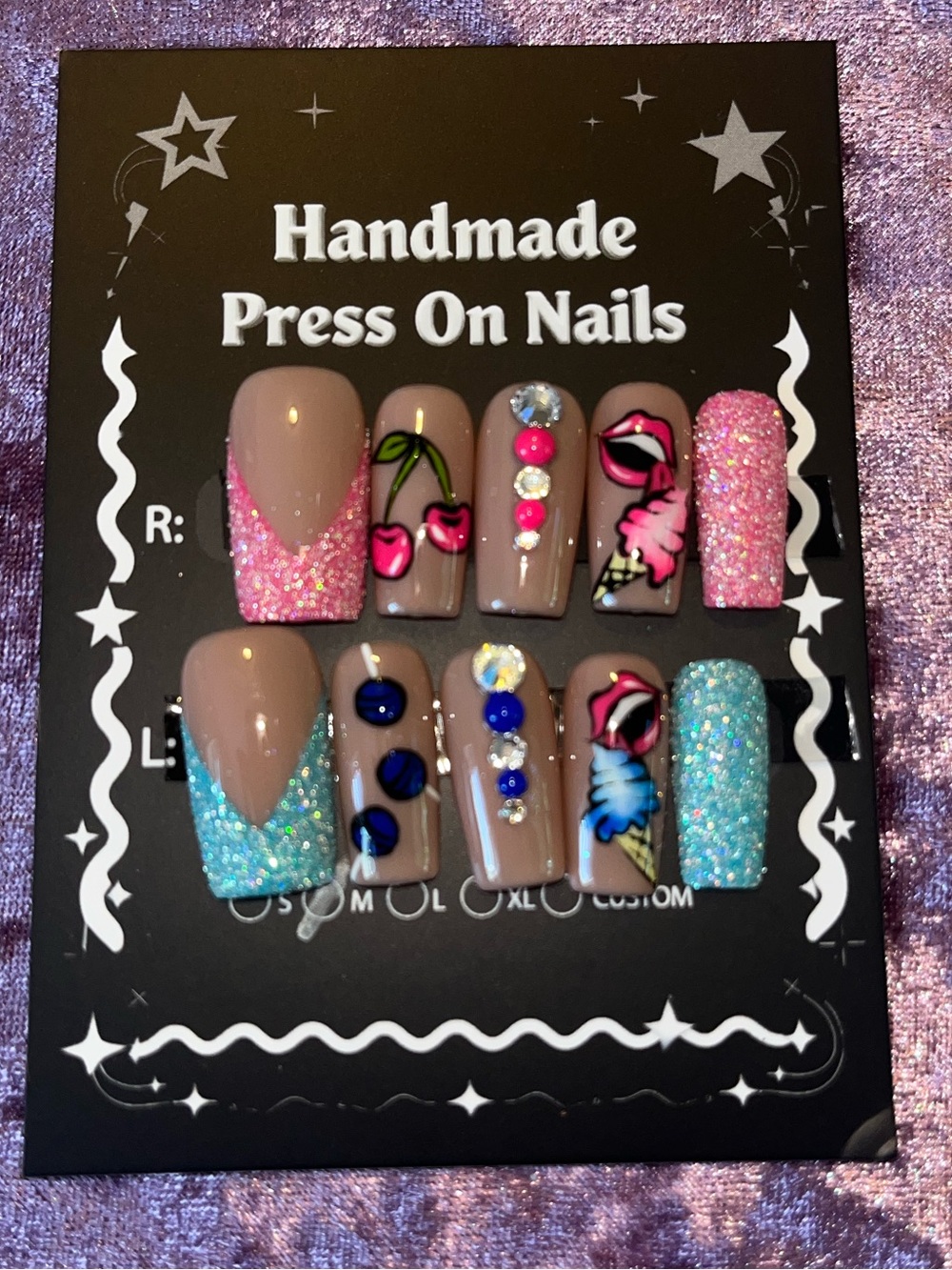 Handmade Press On Nails - Pink & Blue Glitter Cherry Design